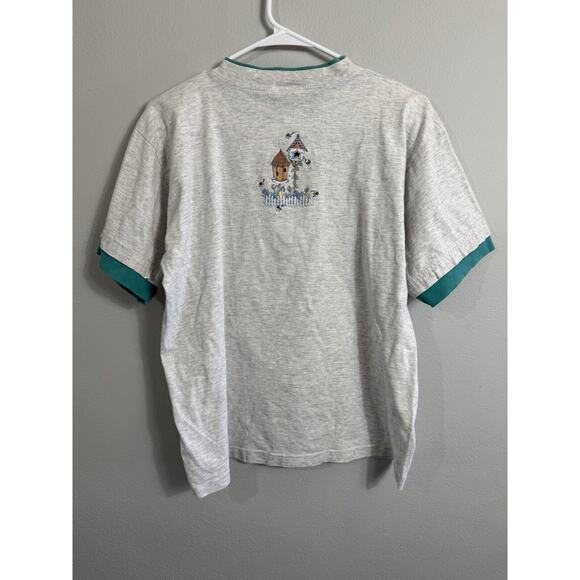 Vintage Morning Sun Grandma Cottage Bee Birdhouses Floral T Shirt Large Gray‎ - Picture 2 of 5